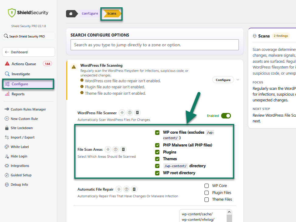 Configuring the scan areas in Shield Security PRO.
