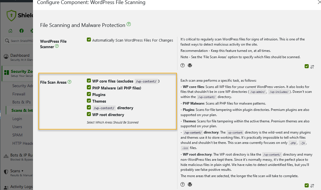 Configuring the scanners in Shield Security PRO.