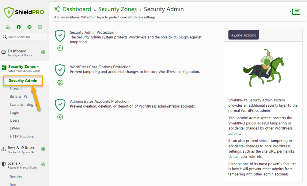 Edit from the Security Admin panel in the Security Zones section of Shield Security PRO