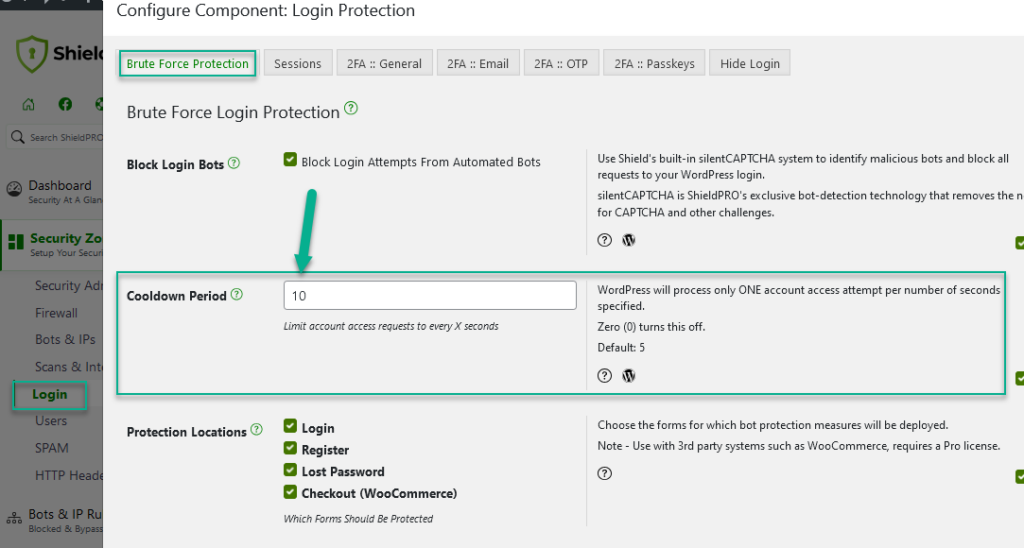 Enabling the login cooldown option to limit login attempts in WordPress