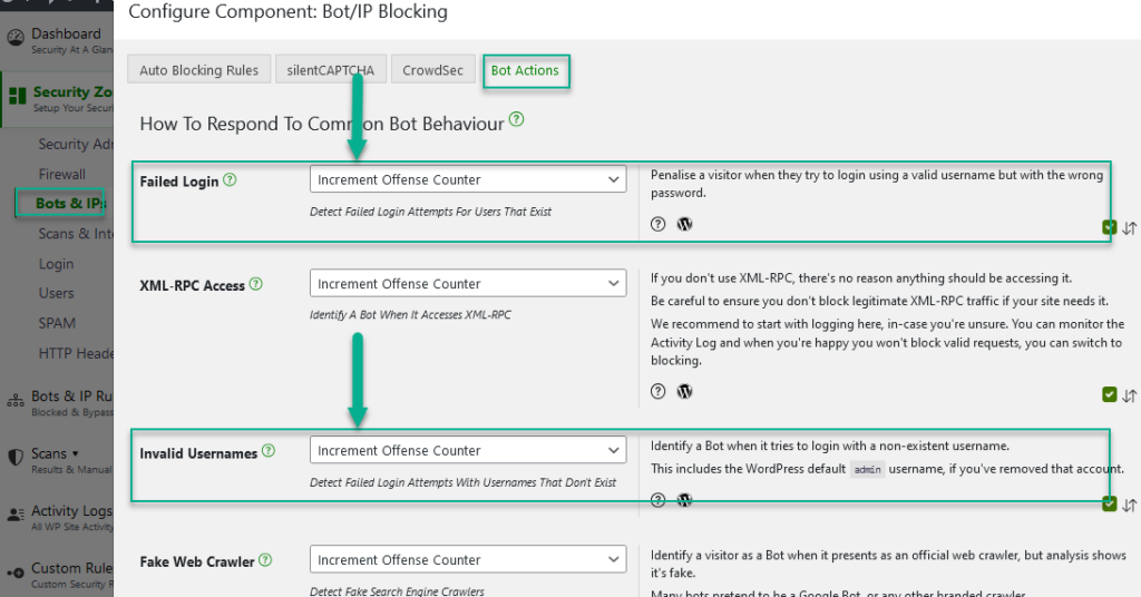 Login Bots: Failed Login and Invalid Usernames options