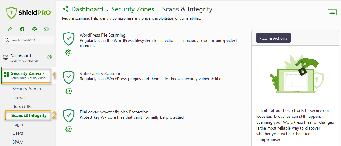 Navigating to the configuration settings for the Shield Security PRO scanners.