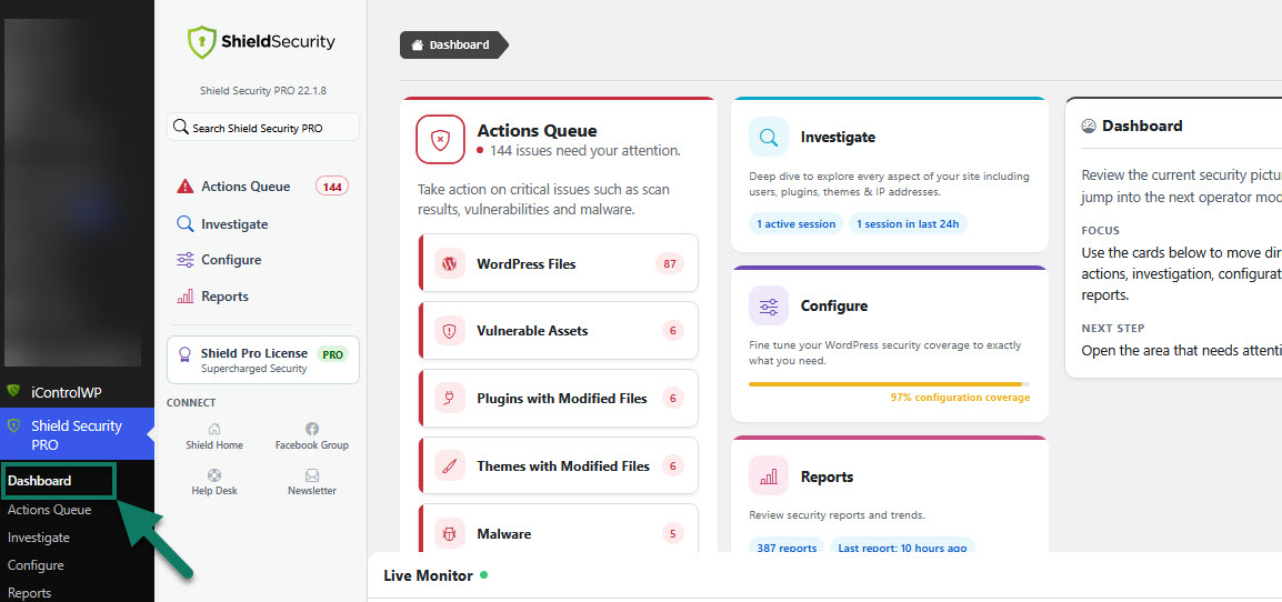 Navigating to the Security Dashboard area for the Shield Security PRO.