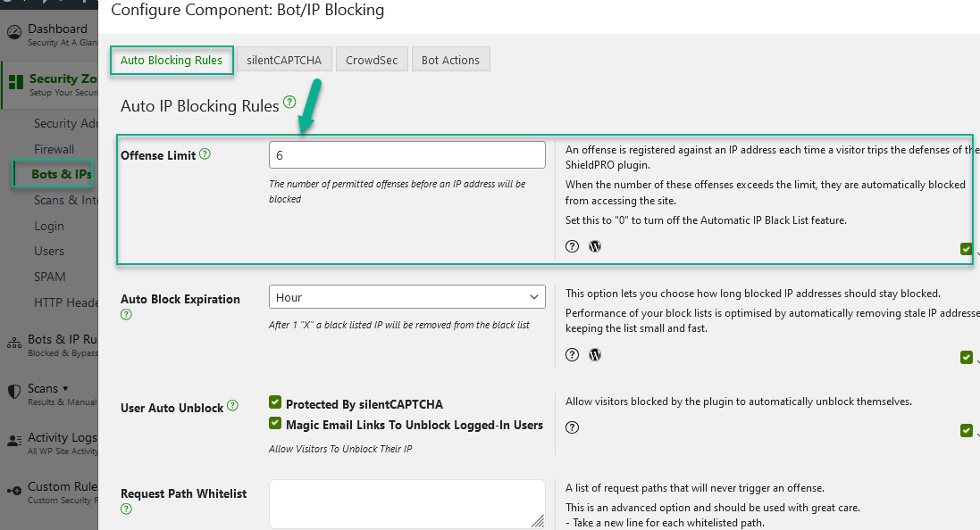 Offense Limit Option: The number of permitted offenses before an IP address will be blocked