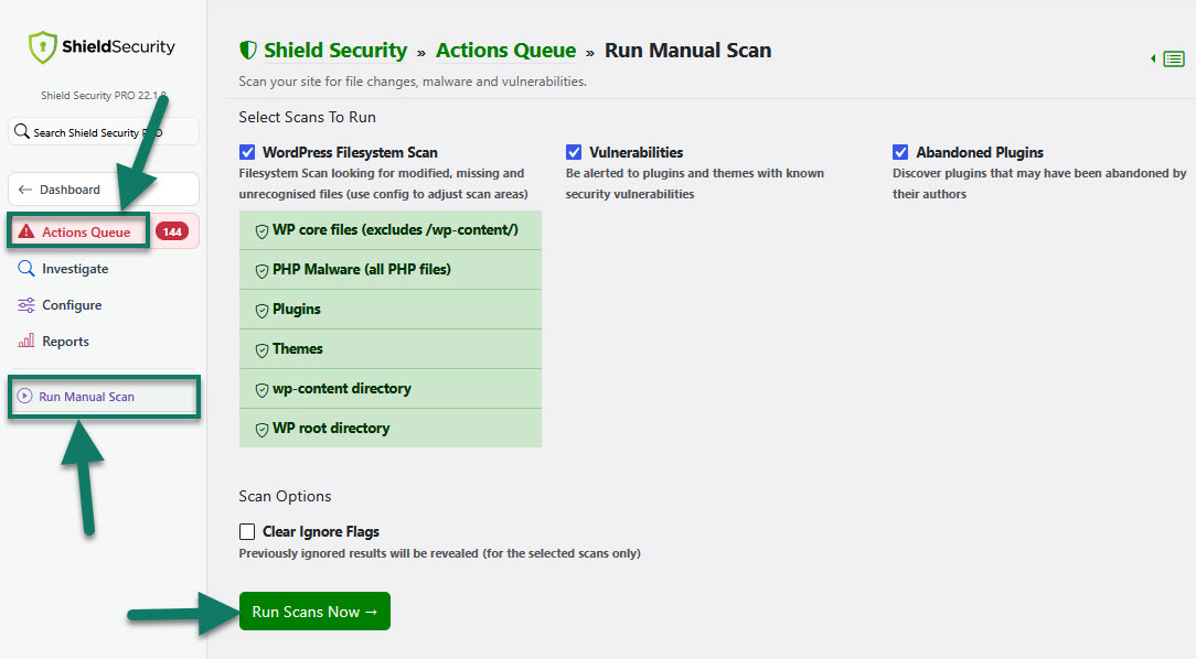 Running security scans with Shield Security PRO.