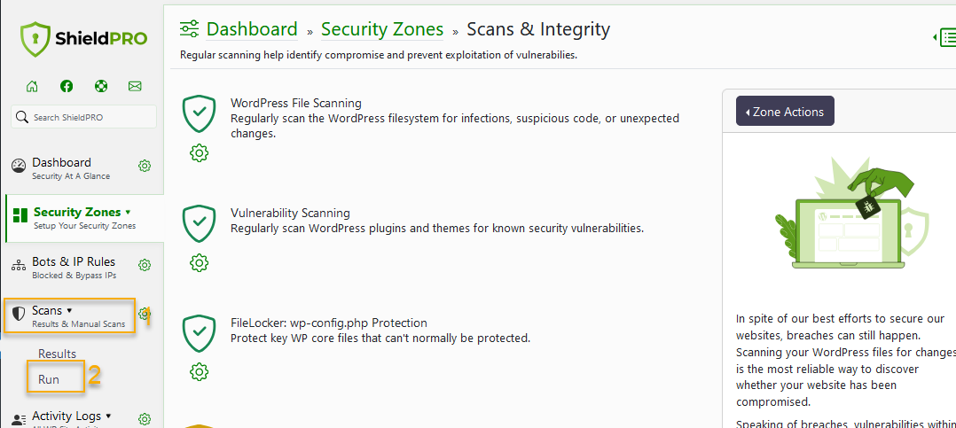 Running security scans with Shield Security PRO.