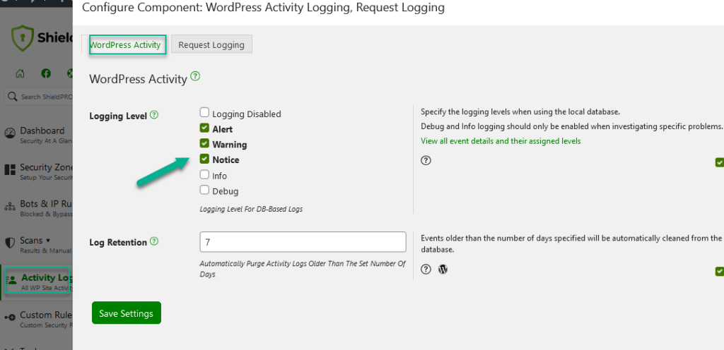 Shield's Activity Log logging levels options