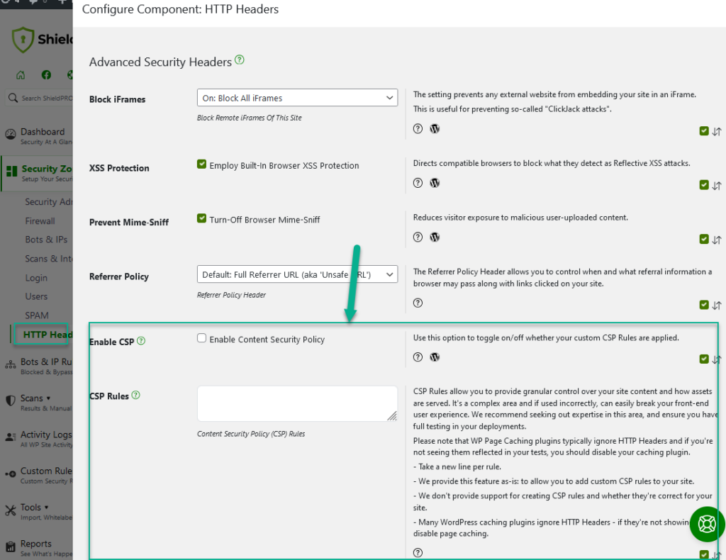 Shield Content Security Policy Headers Settings