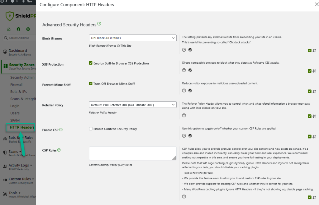 Shield HTTP Security Headers Settings