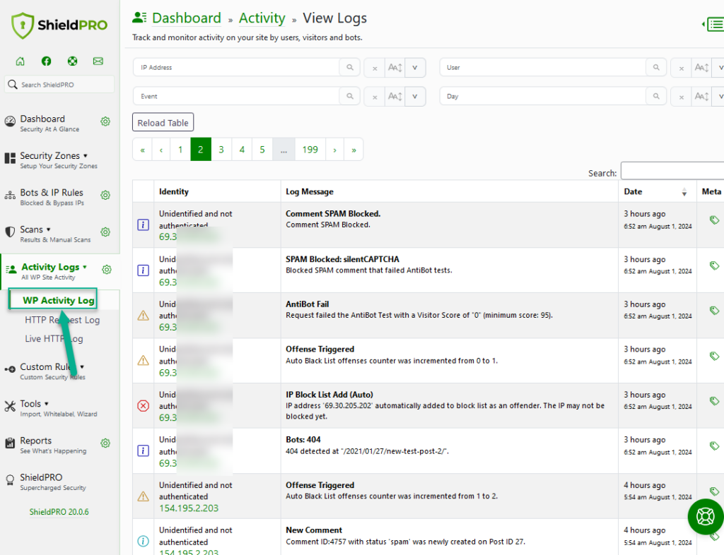 Shield Security Activity Log Example