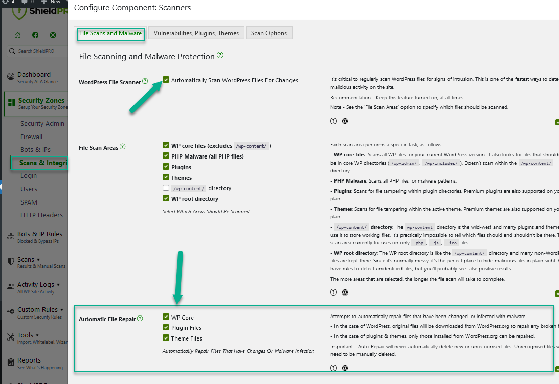 Shield Security Pro Malware Scan Automatic Repair Options