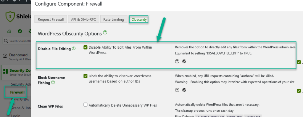 Shield's Disable WordPress File Editing Option