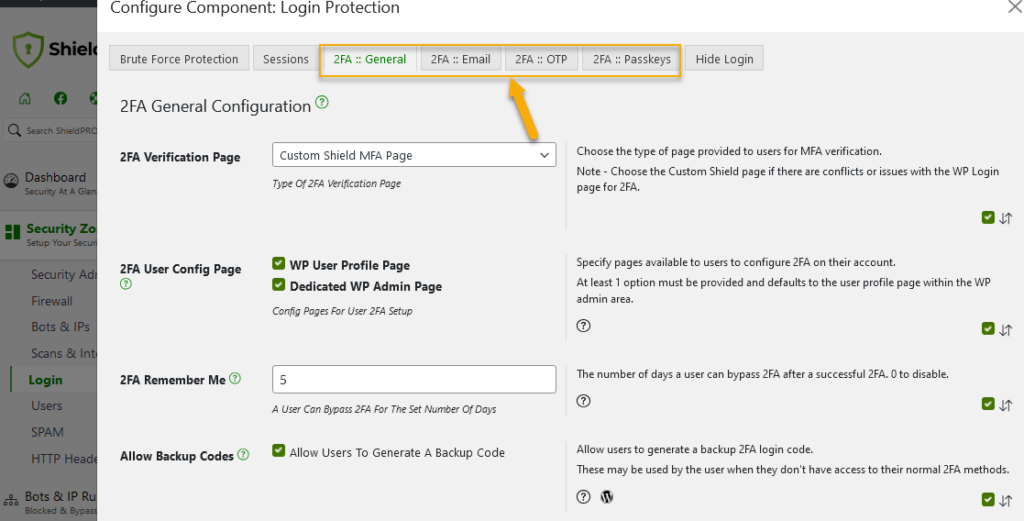 Shield Security PRO's 2FA settings.