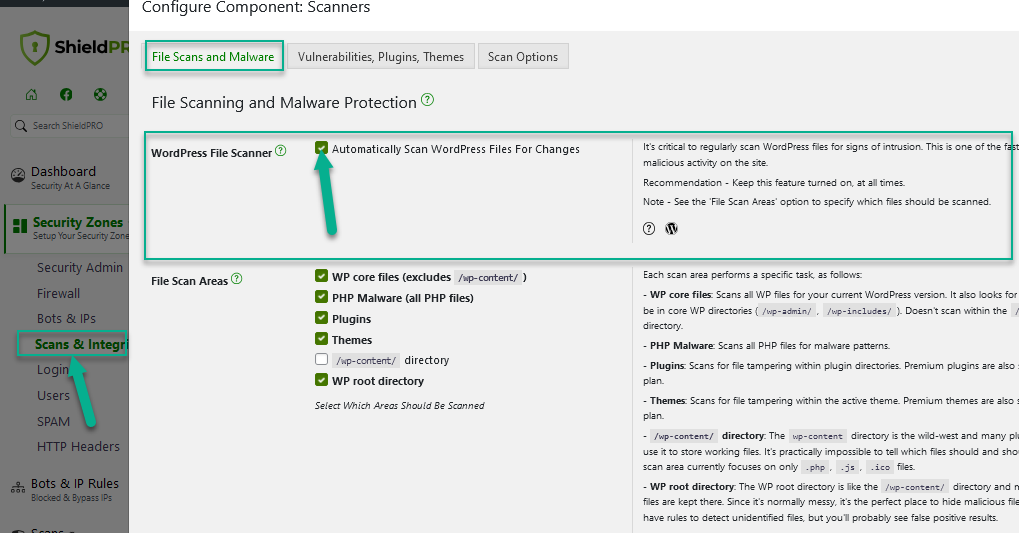 WordPress Core File Scanner Option