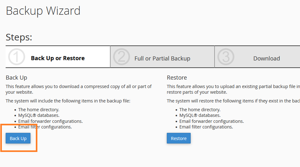 How to create a backup with the cPanel Backup Wizard.