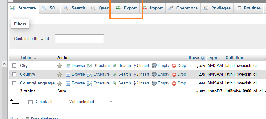 How to export a database in phpMyAdmin.