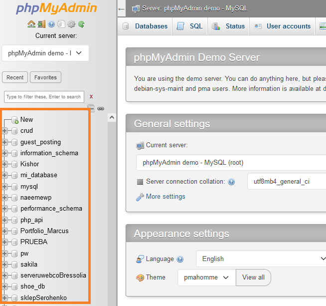 The list of databases in phpMyAdmin.