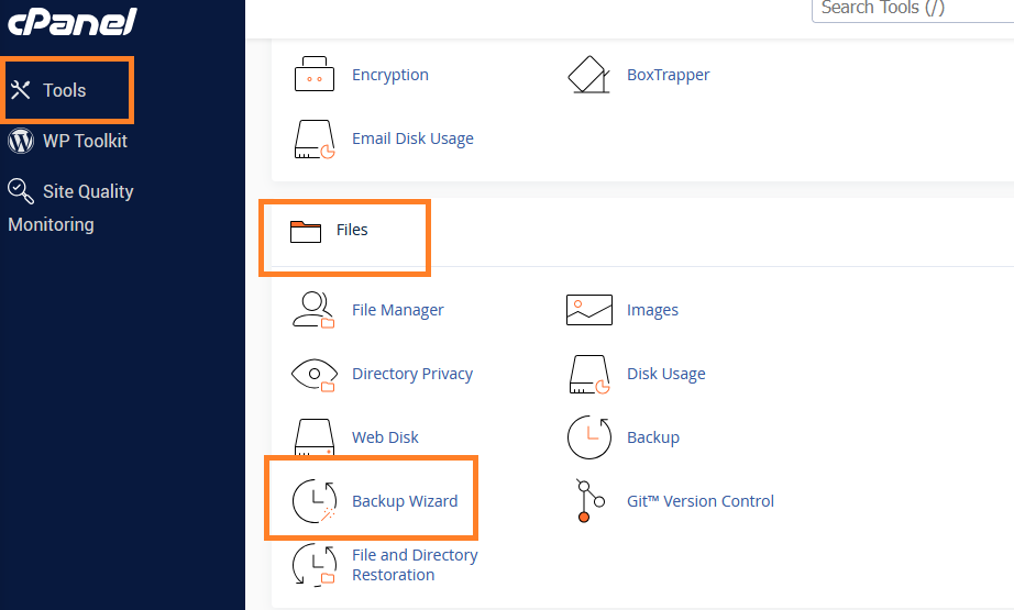 How to access the Backup Wizard in cPanel.