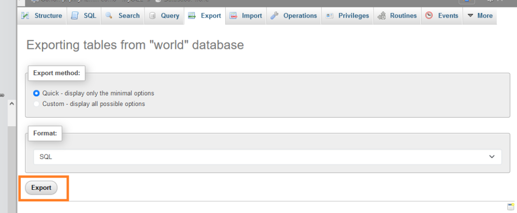 Configure and export a database in phpMyAdmin.