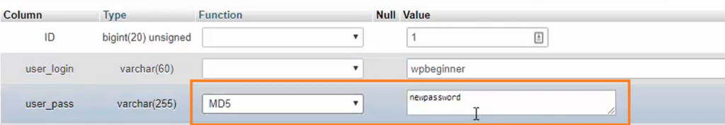 Changing the WordPress password in phpMyAdmin.