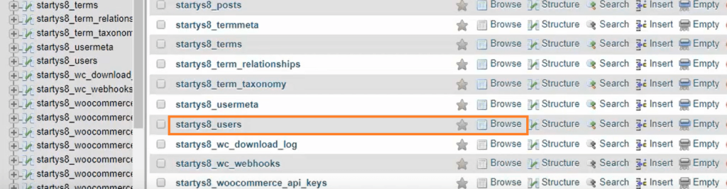 Selecting the WordPress users table in phpMyAdmin.