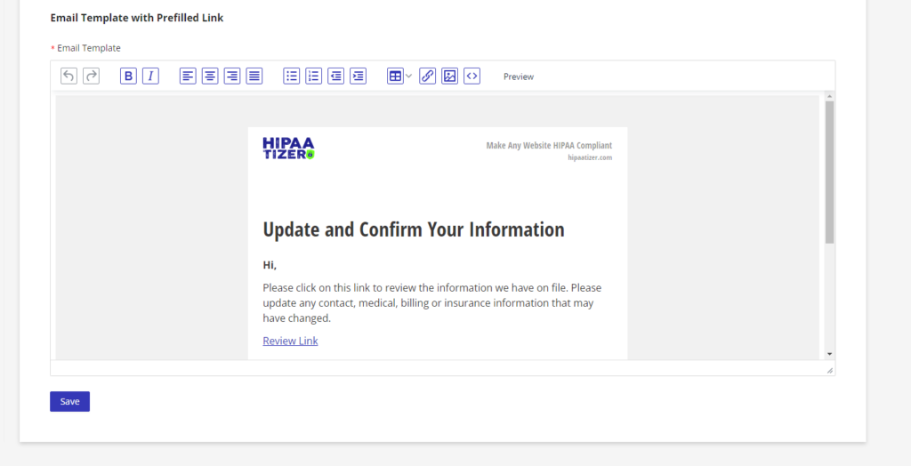 An email template made using HIPAAtizer.