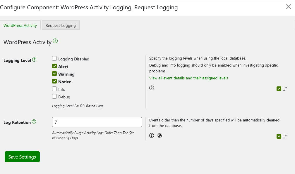 Configuring WordPress activity logs with Shield Security PRO.