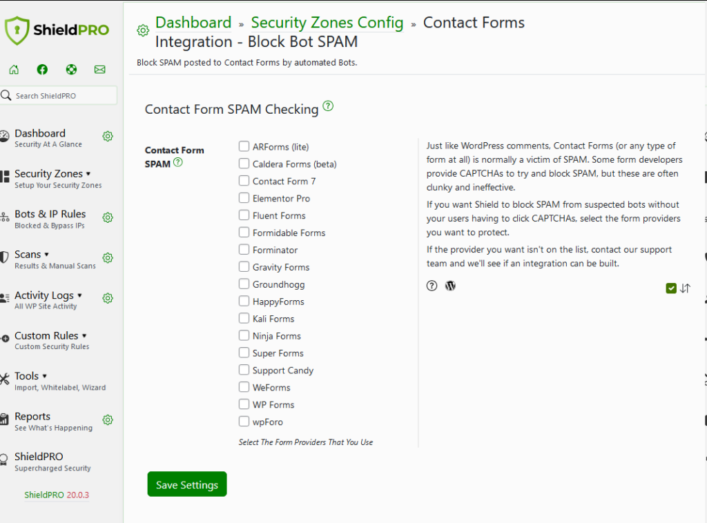 Blocking bot spam in contact forms using Shield Security PRO.