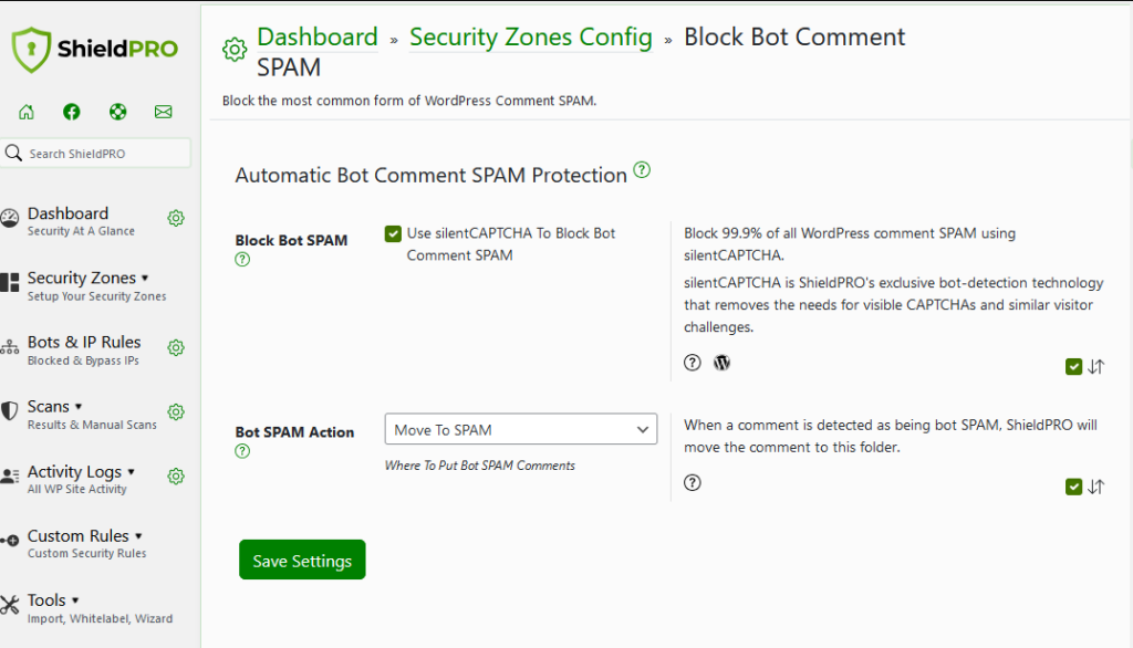 Blocking bot spam in comment sections with Shield Security PRO.