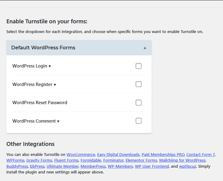 Choosing where to enable Turnstile in WordPress using the Simple Cloudflare Turnstile plugin.