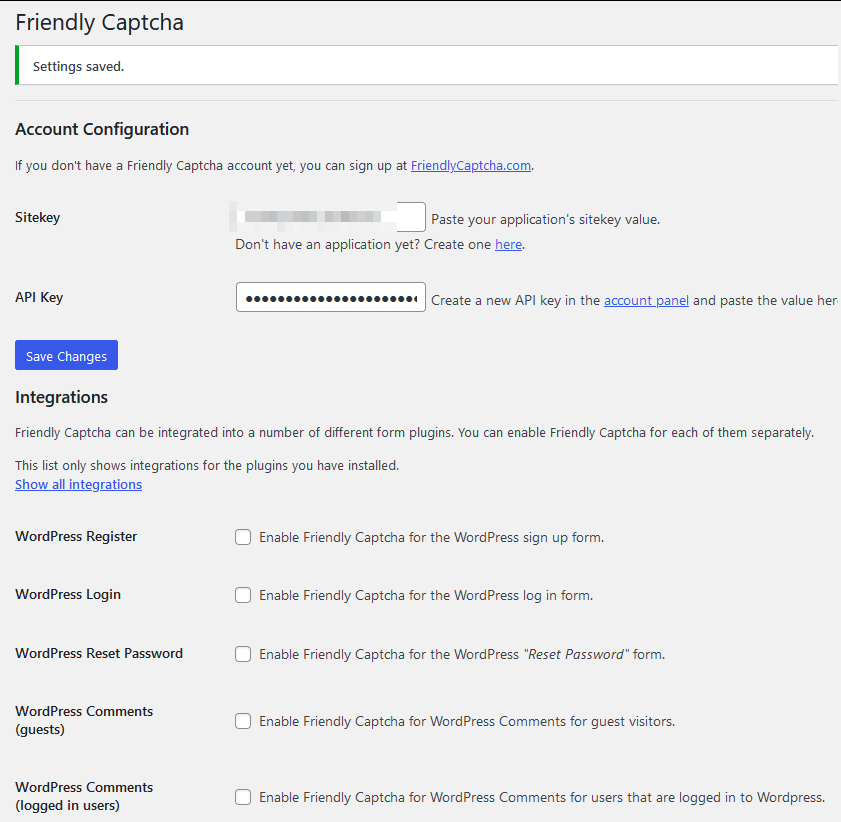 Configuring CAPTCHA settings for Friendly Captcha.