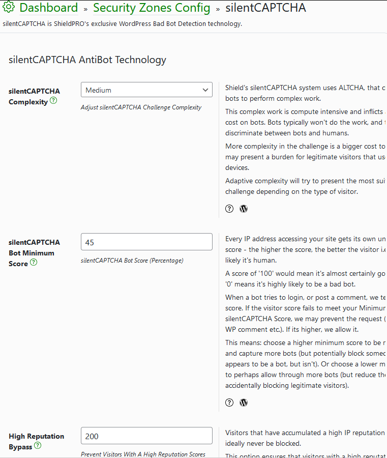 Configuring silentCAPTCHA settings in Shield Security PRO.