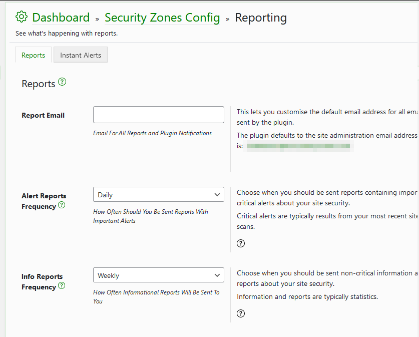 Configuring custom report and alert frequency in Shield Security PRO.