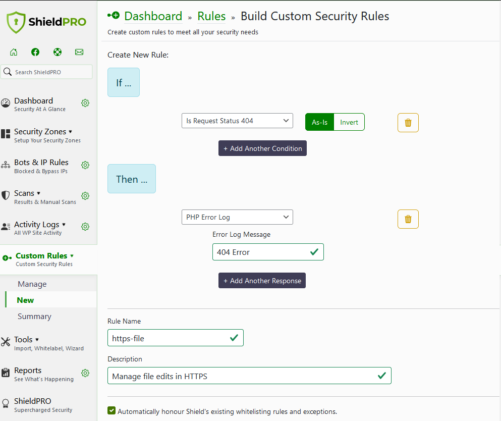 Custom Rules in Shield Security PRO.