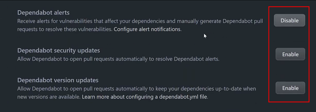 Enabling Dependabot features for a GitHub repository.