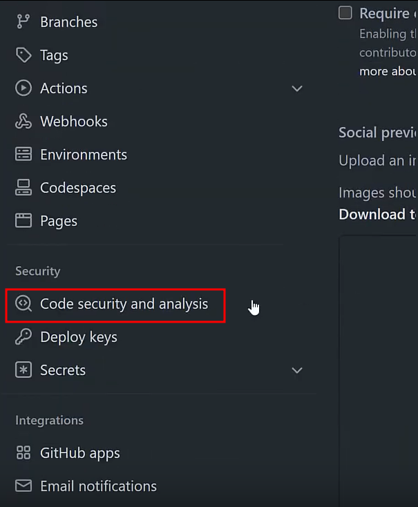 Opening up the Code security and analysis settings in GitHub.