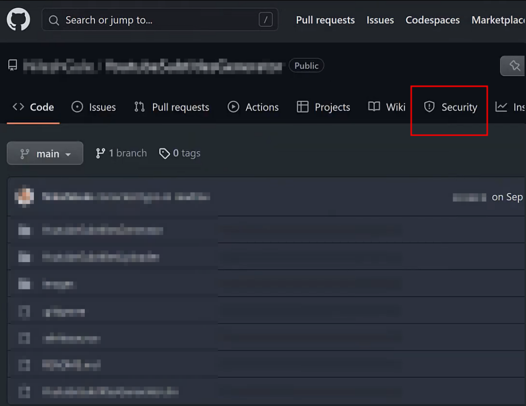 Opening the Security tab in GitHub.
