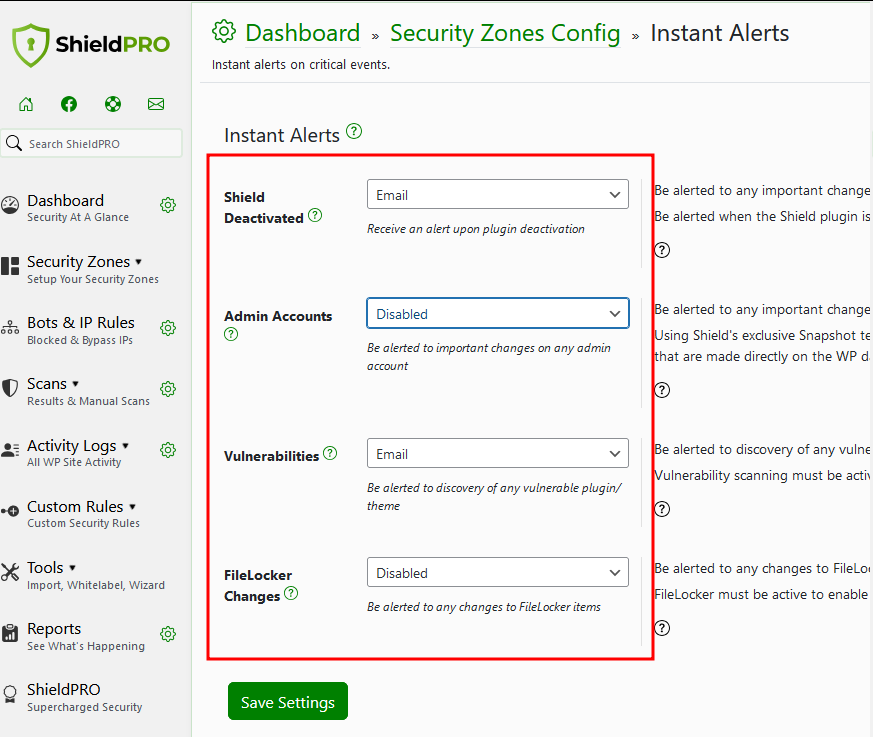 Enabling Instant Alerts in Shield Security PRO.