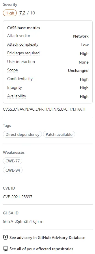 A sample vulnerability as identified by Dependabot.