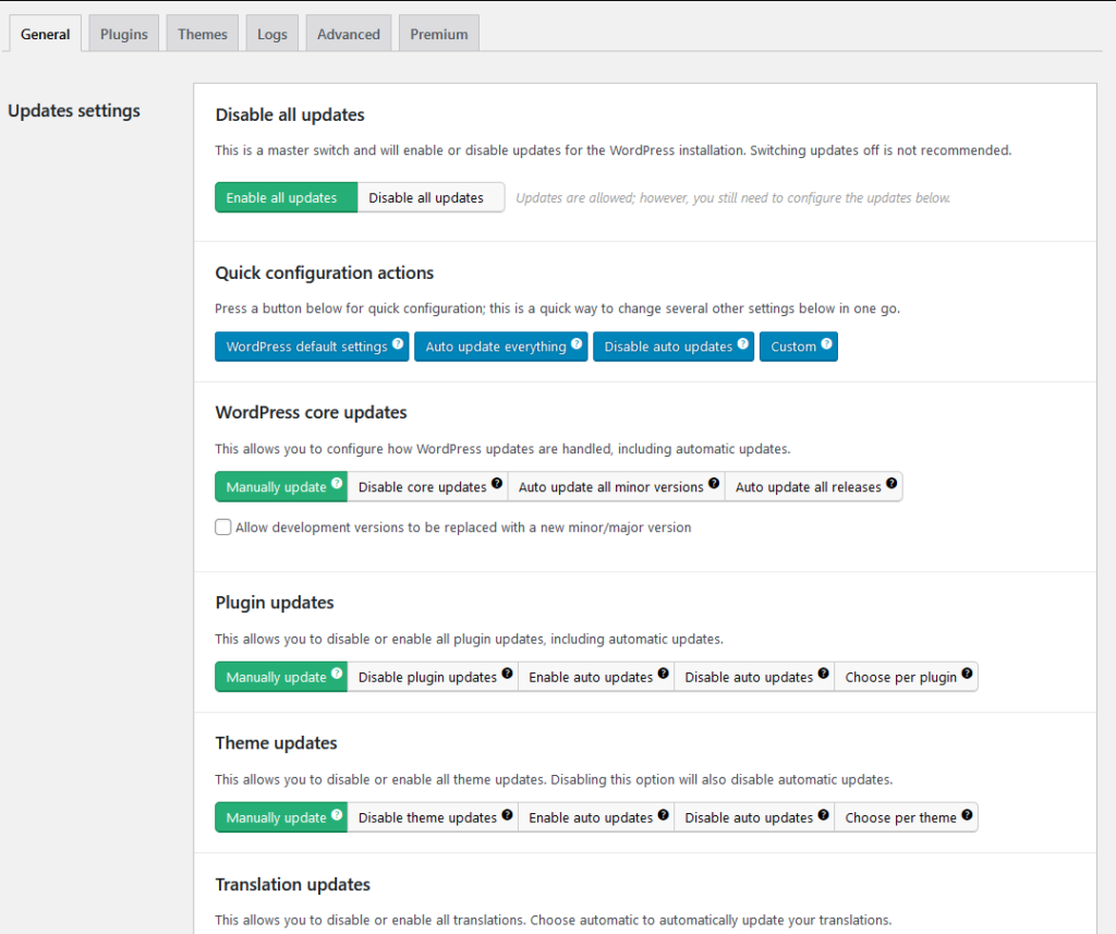 The Easy Updates Manager plugin dashboard.