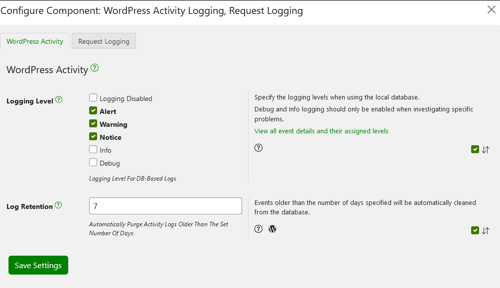 The Shield Security PRO activity logging settings.