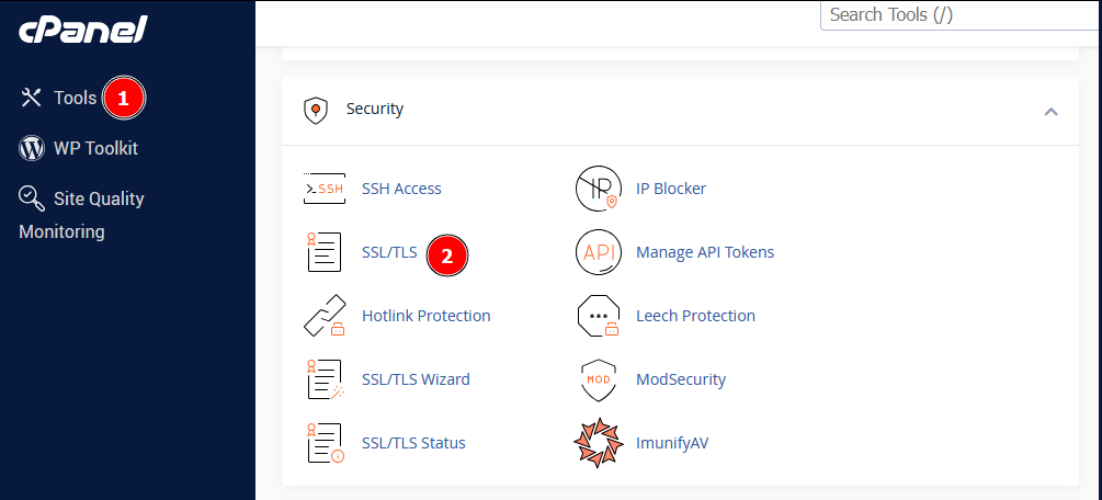 Accessing the SSL/TLS settings in cPanel.