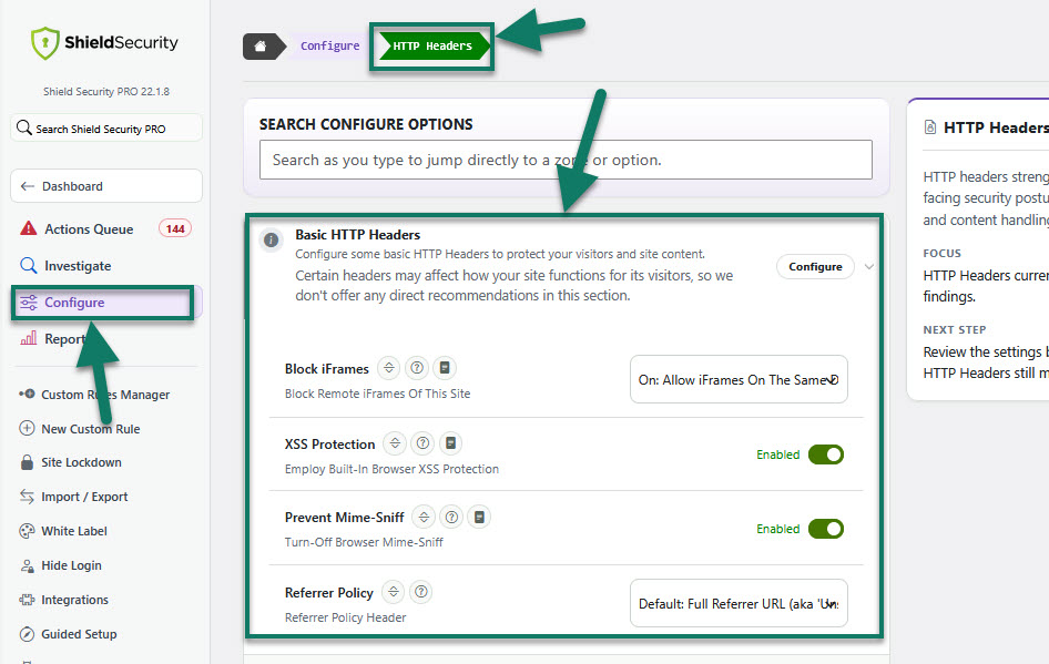 How to open the HTTP headers settings in Shield Security PRO