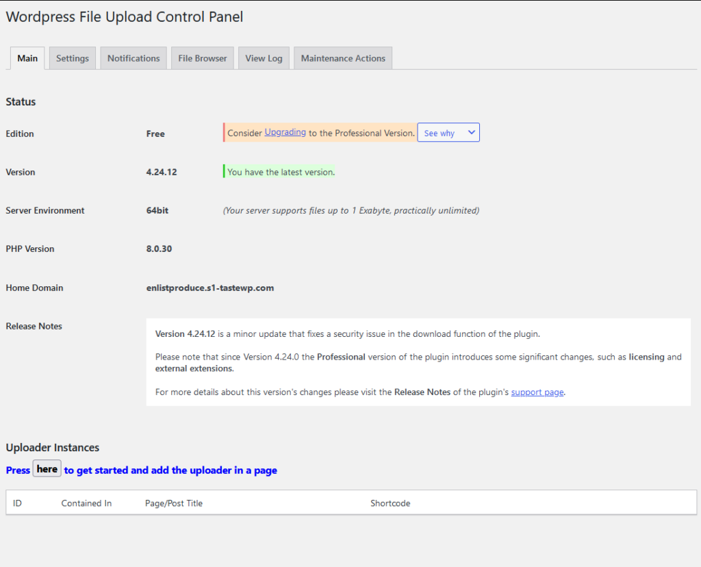 The WordPress File Upload dashboard.