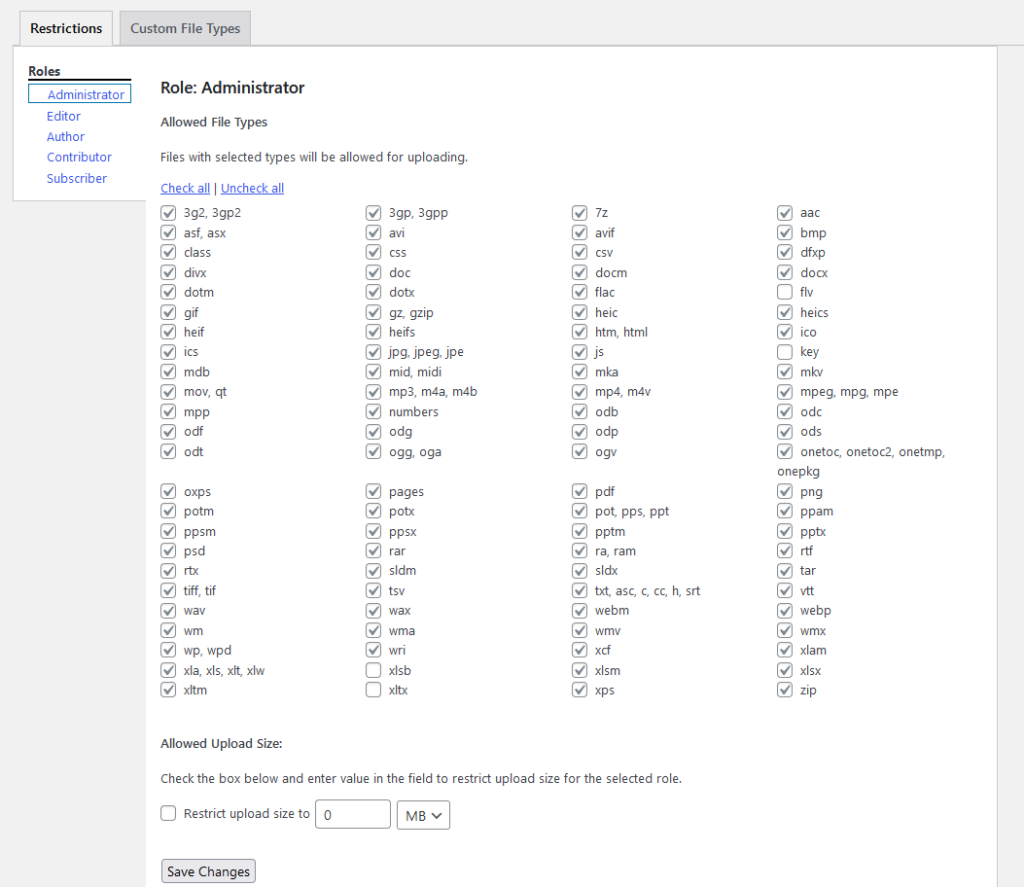 The WP Upload Restriction dashboard.