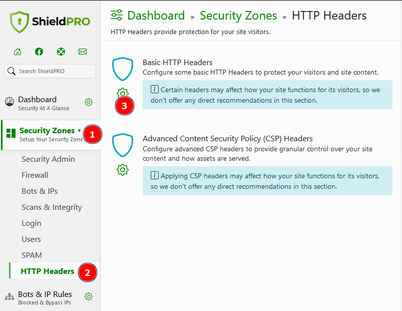 How to open the HTTP headers settings in Shield Security PRO.