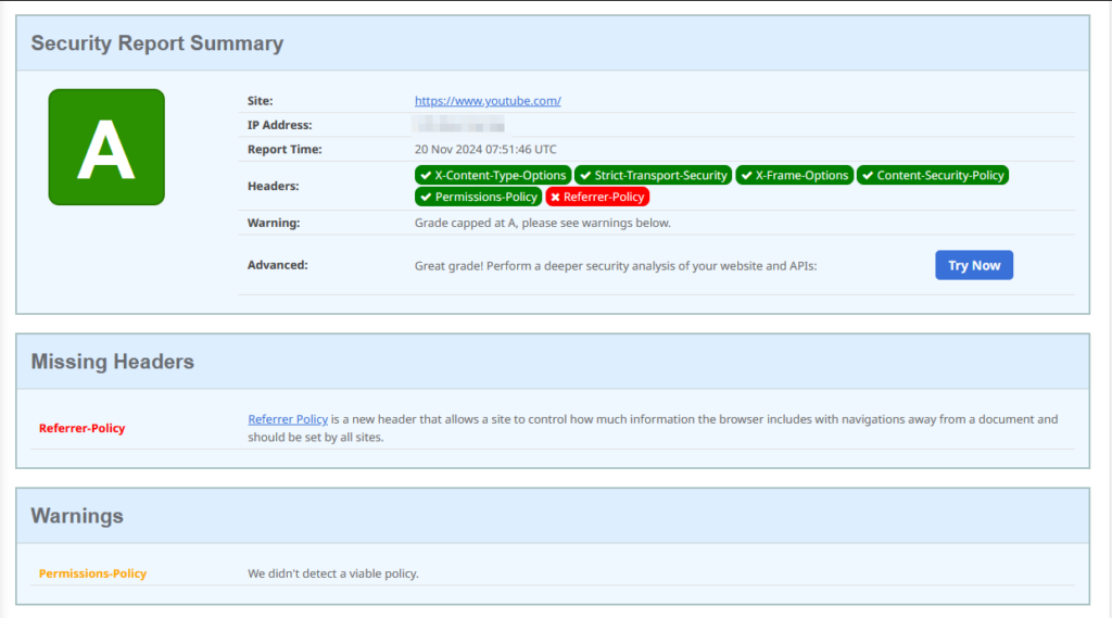 Sample scan results for HTTP security headers.