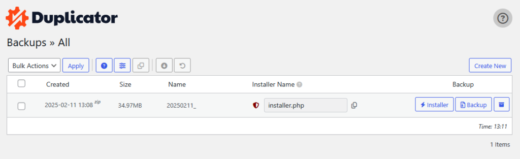 The Duplicator dashboard