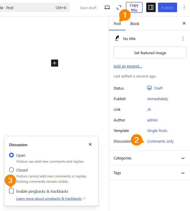Turning off pingbacks in the WordPress editor
