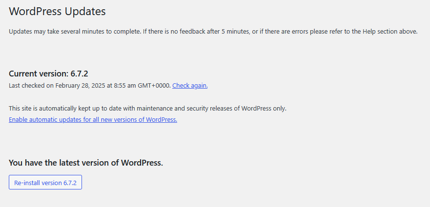 WordPress after updating from the admin dashboard